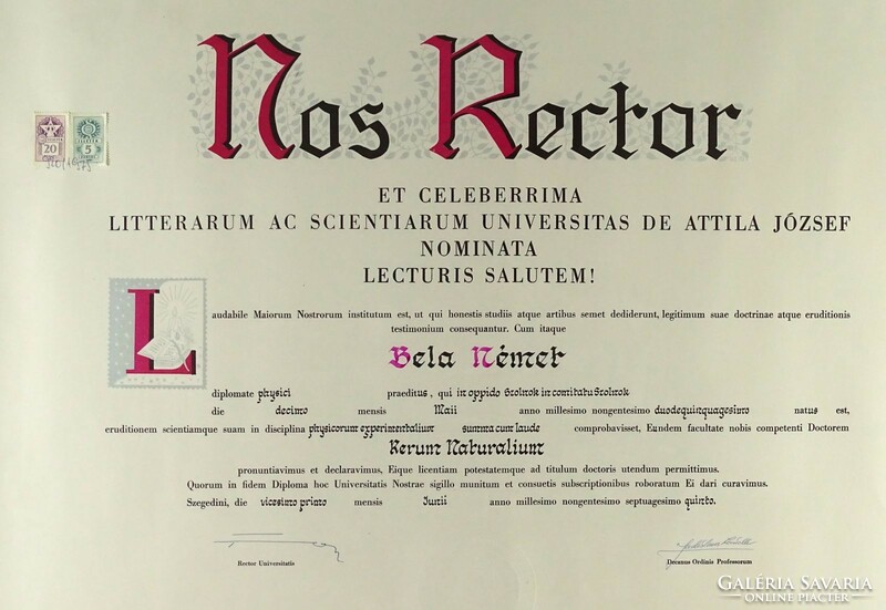1K099 József Attila Tudományegyetem Szeged : Nos Rector diploma