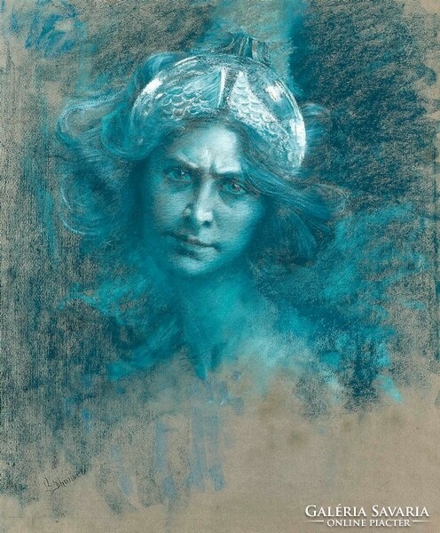 L. L. Dhurmer Minerva, vászonkép nyomat, női fej portré római mitológia istennő, vakrámán is