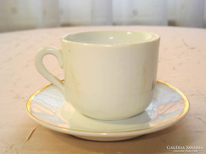 Violet-patterned mocha cup and Zsolnay saucer