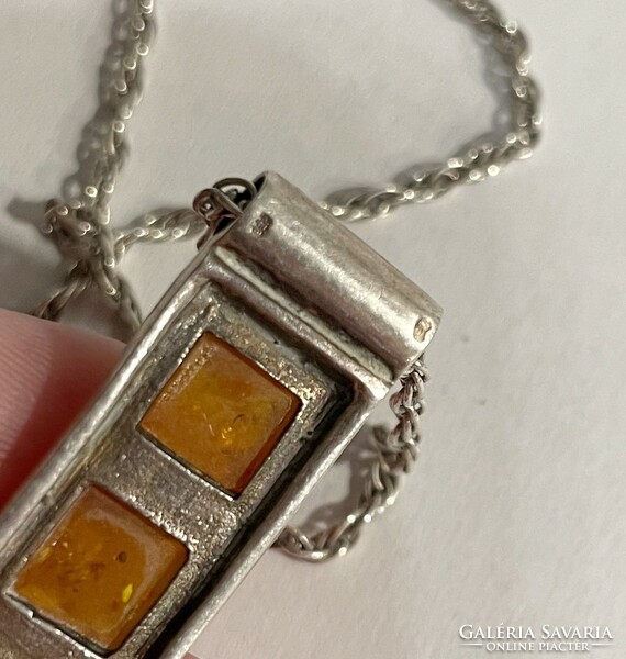 Amber stone pendant, silver necklace
