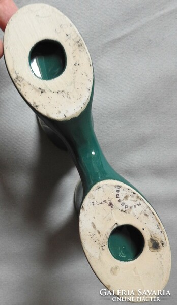 Table two-pronged green ceramic candle holder - hand painted - with gold painting