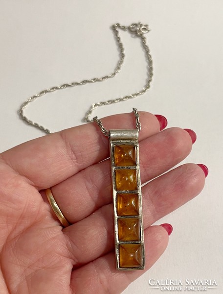 Amber stone pendant, silver necklace