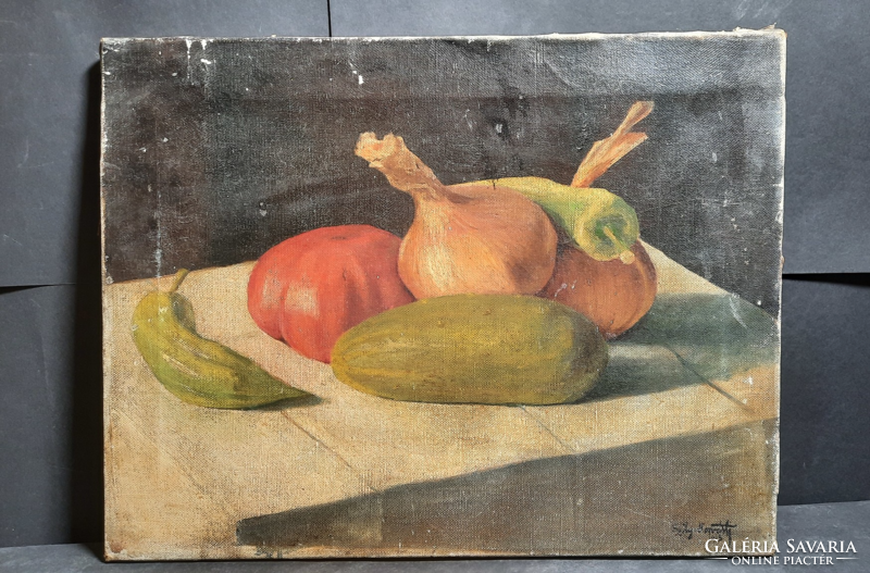 Still life with vegetables from 1915 (oil, canvas, 31x42 cm) with Croatian mark Sily, table still life