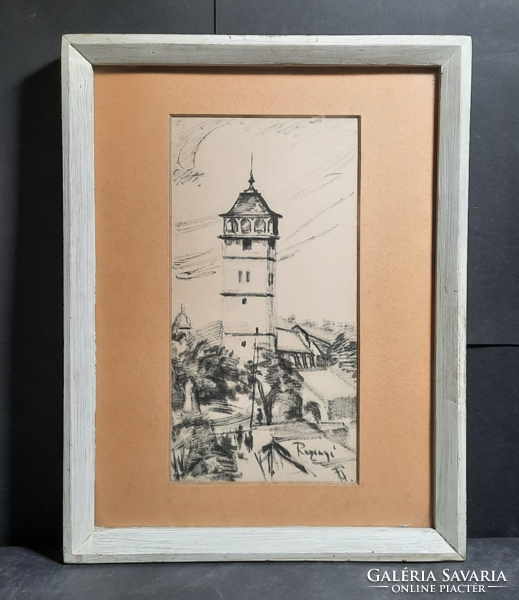 Cozy cityscape with a tower (washed ink, size with frame 42x32 cm)