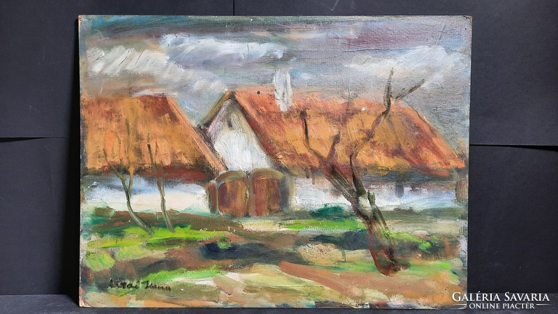 Bruschné Altai Ilona: Szolnoki tanya (olaj, karton, 30x40 cm) falusi élet - női festő