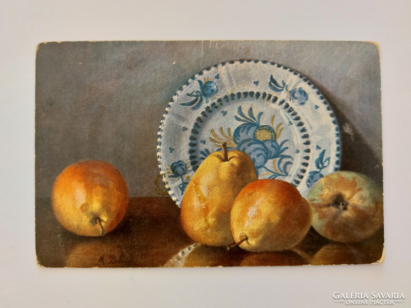 Old postcard m. Billing fruit still life artistic postcard pear