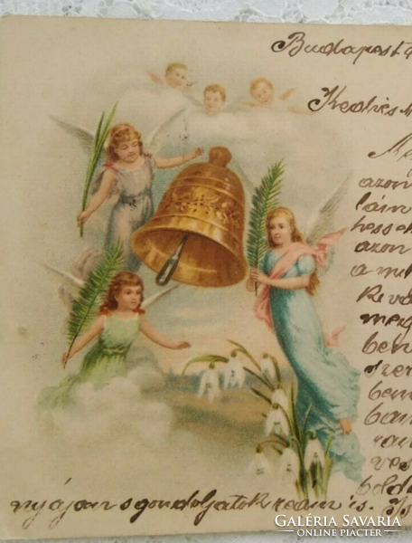 Szecessziós, litho/litográfiás képeslap/üdvözlőlap angyalokkal, hóvirág, harang 1900-ból