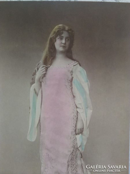 Antique hand-colored photo / postcard lady in pink dress, beautiful piece circa 1910