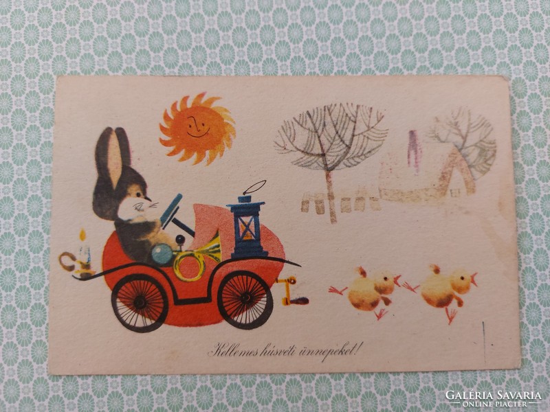 Régi húsvéti rajzos képeslap nyuszis csibés levelezőlap