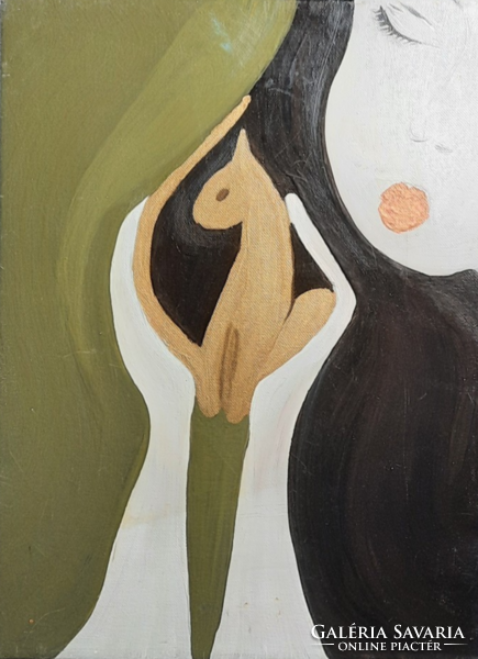 Caring - girl and her creature (oil, canvas, 40x30 cm) unidentified artist, modern, contemporary