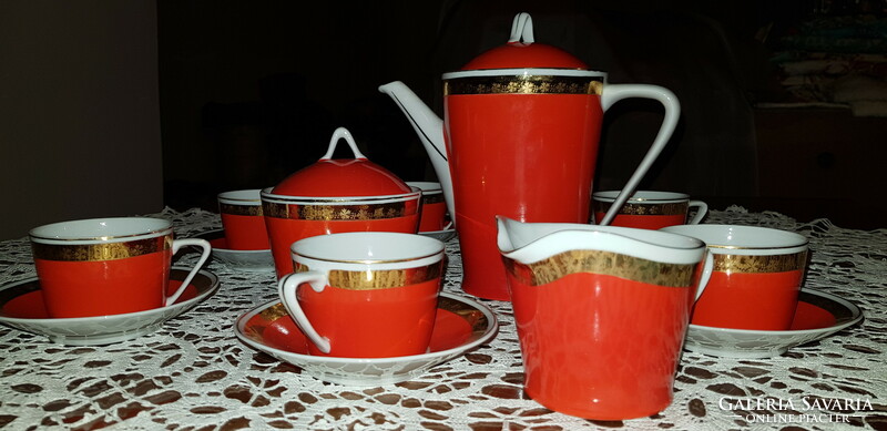 Hollóházi retro piros porcelán kávéskészlet