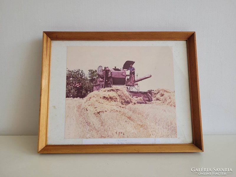 Régi retro aratás kombájn mezőgazdasági fotó kép üvegezett képkeretben Vörös Október Mg Tsz