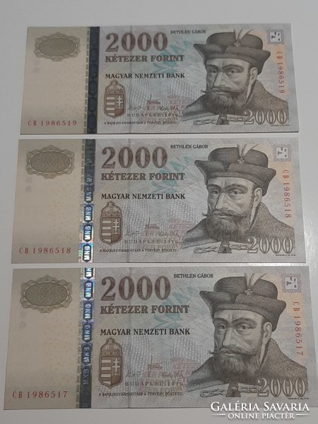 Rare 3 serial numbered 2000 HUF banknotes 2010 unc cb series