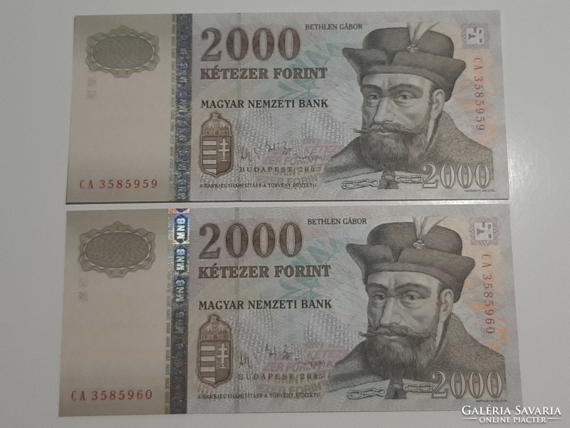 RITKA ! 2000 forint bankjegy  2005 UNC  Sorszámkövető pár  CA sorozat
