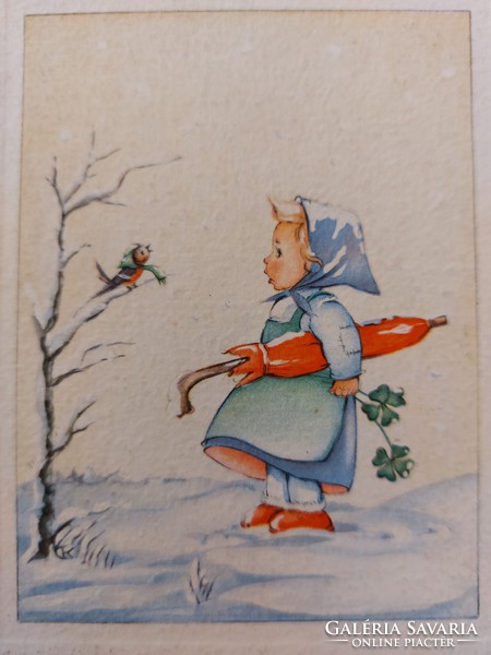 Régi újévi képeslap 1928 levelezőlap kislány kismadár lóhere