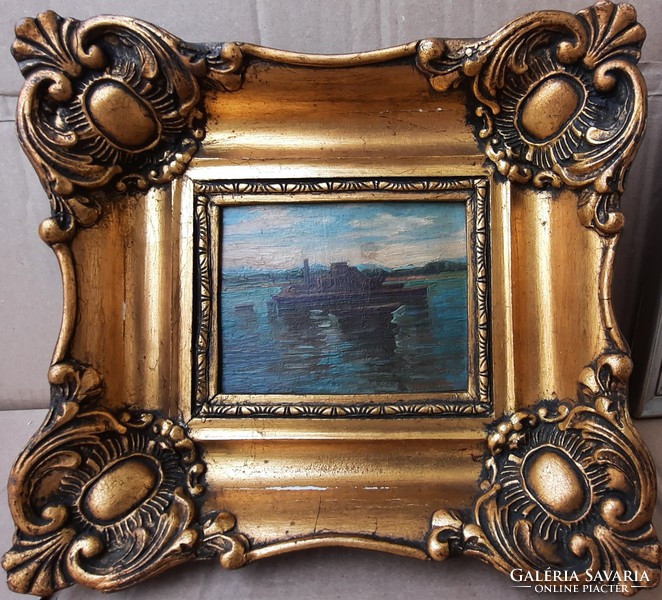 Gőzhajó - miniatűr olajfestmény szép keretben (kartonon, 24x27 cm) tenger, hajózás