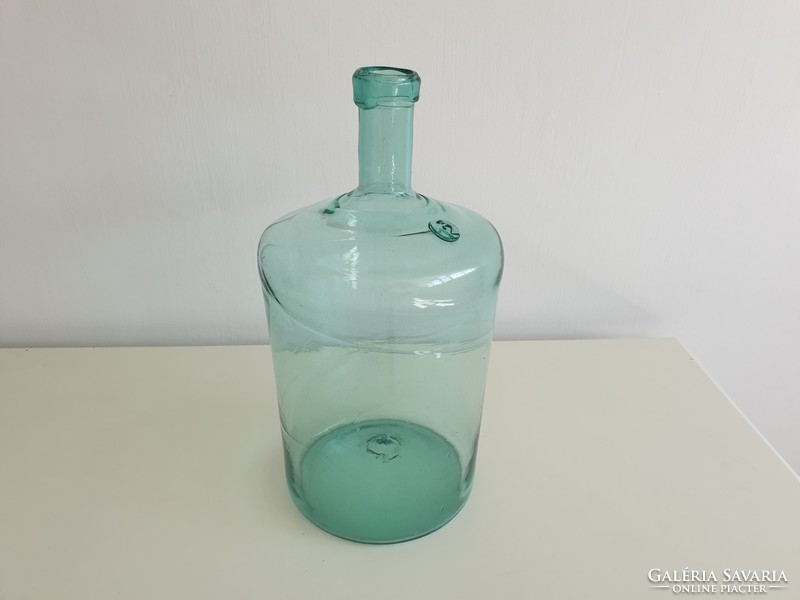 Old antique 12 l large size sealed green huta bottle glass vintage conical bottom balloon
