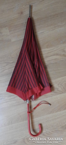 Red black striped umbrella with red leather handle