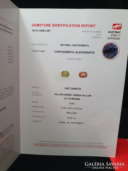 Alexandrit drágakő 0.87ct - Svájci GFCO teljeskörű QR kódos certifikációval