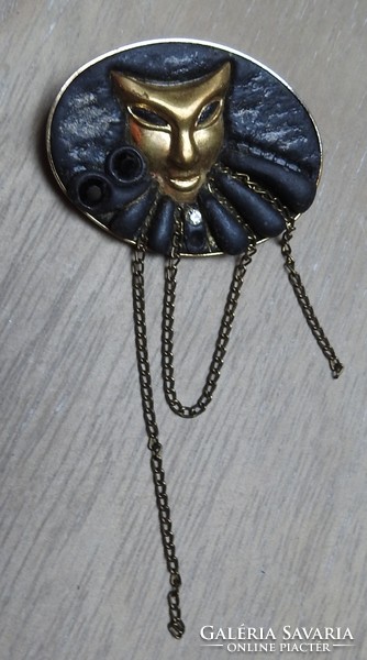 Masked brooch - pin, safety lock, with two black and one white stone