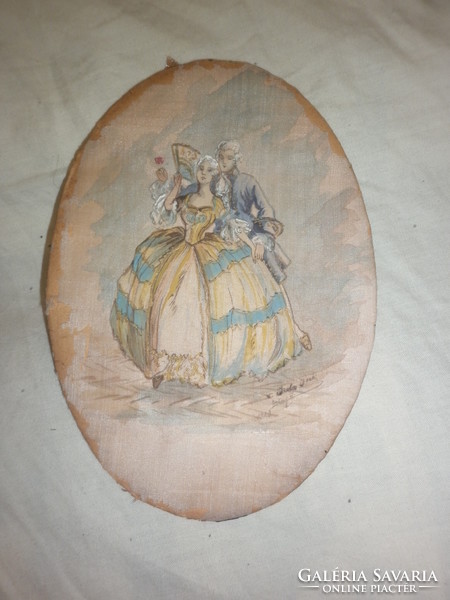 Antik kis jelzett selyem festmény udvarló barokk pár
