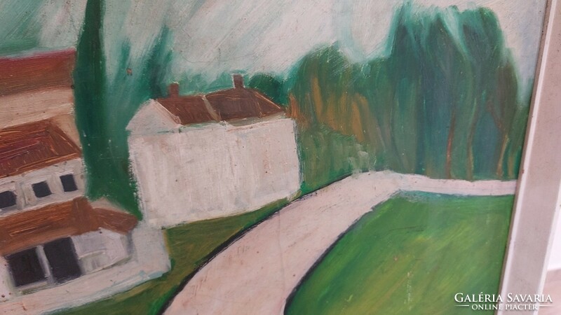(K) village detail painting with 53x43 cm frame. It's a bit worn, the sign maybe a stoic...