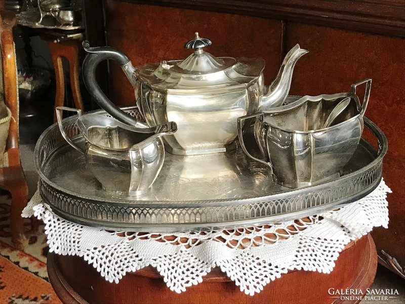 Ezüstözött, antik, jelzett, tea vagy kávé szervírozó kédzlet áttört tálcával