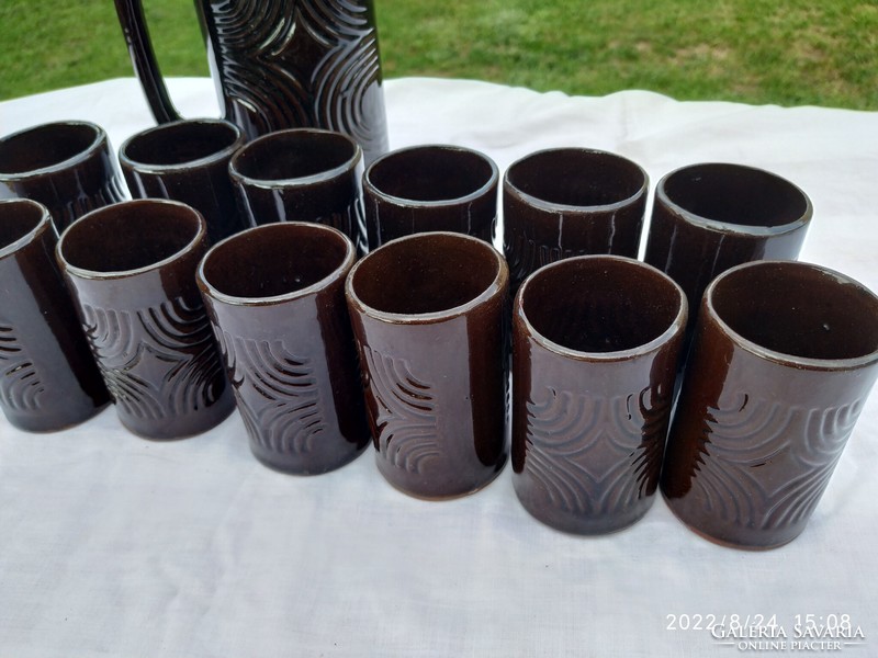 Dark colored ceramic jug + 12 glasses for sale! Ceramic drinking set for sale!