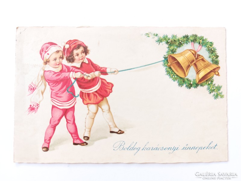 Régi karácsonyi képeslap 1930 levelezőlap gyerekek harang