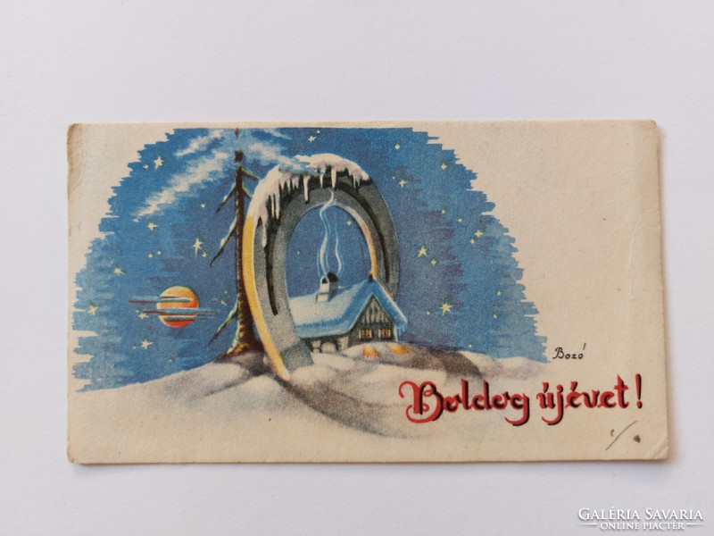 Régi újévi mini képeslap Bozó Iparművész levelezőlap üdvözlőkártya