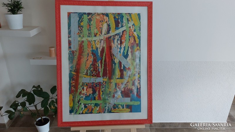 Szignózott absztrakt festmény 85X65 cm kerettel