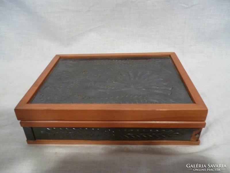 4514 Old copper card box with peacock decoration