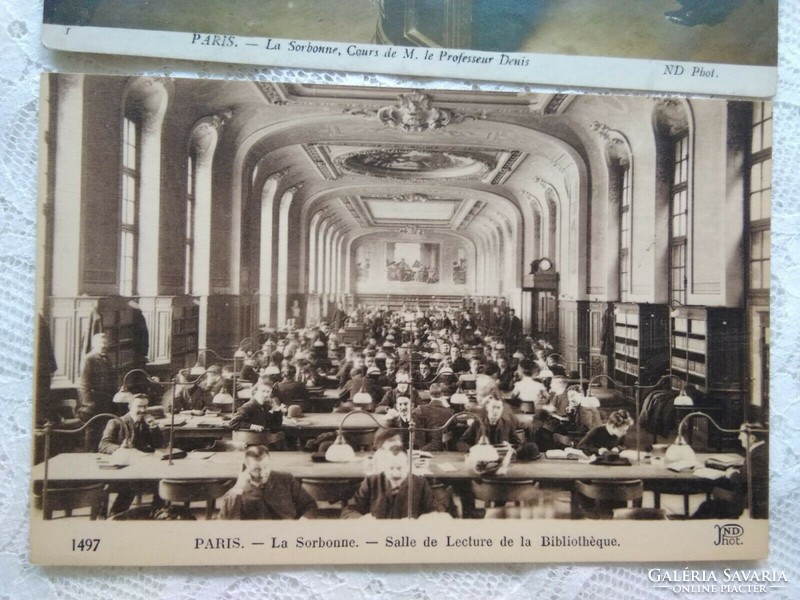 2 db antik francia képeslap/fotólap Párizs Sorbonne Egyetem, kurzus női diákokkal, könyvtár