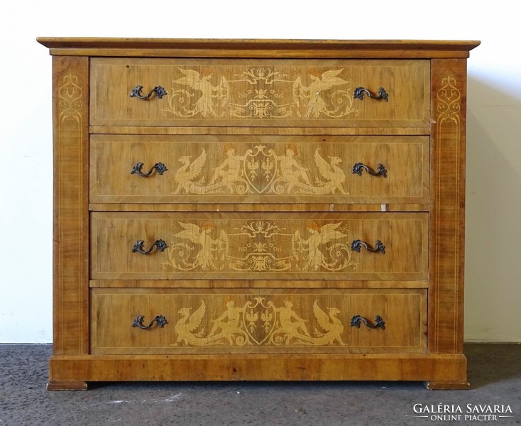 1K256 antique four-drawer Biedermeier chest of drawers with extraordinary inlays ars longa vita brevis