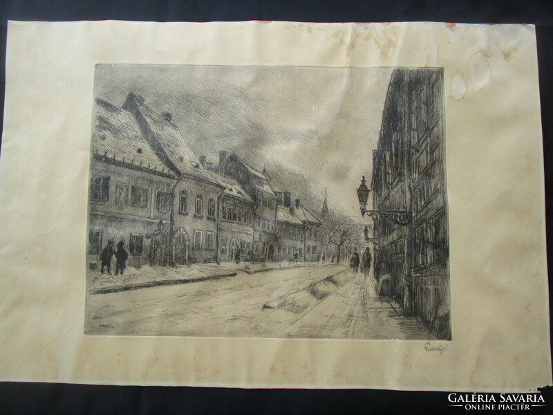 István Élesdy: Budavári street section, buda castle district, signed etching by the artist