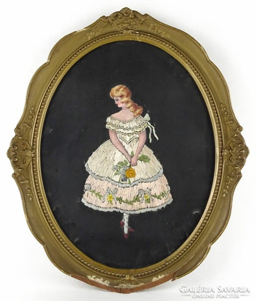 1K156 Régi festett hímzett egészalakos hölgy portré