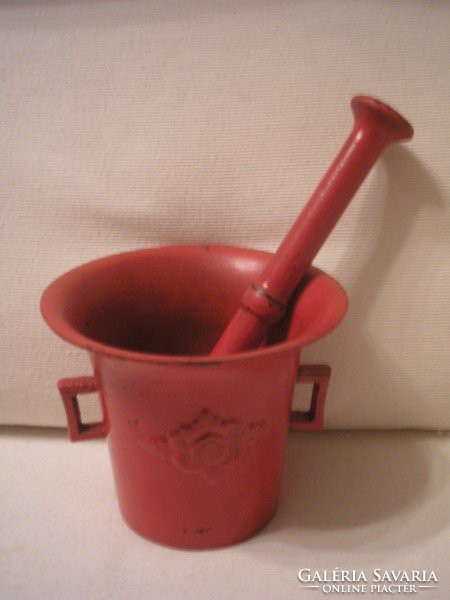 This 8 antique rare apothecary mortar is a curio with a long pestle in a beautiful already painted color