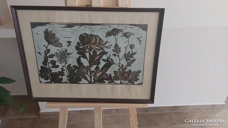 (K) signed linocut with frame 46x63 cm chrysanthemums