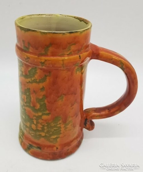 Mihály, retro vase, jug-shaped Hungarian applied art ceramics, 15 cm, marked polyák