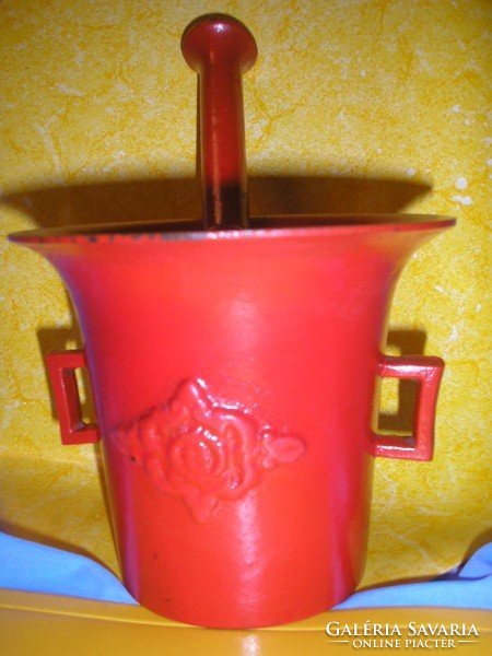 This 8 antique rare apothecary mortar is a curio with a long pestle in a beautiful already painted color