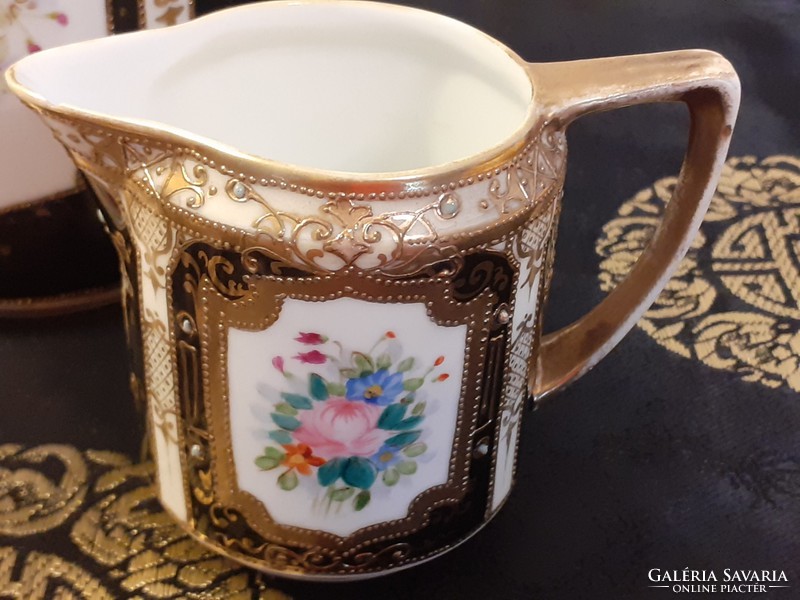 Régi japán porcelán teás készlet Nippon fekete aranyozott kiöntő csésze 3 db