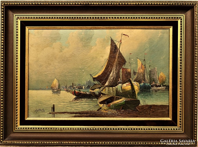 Painting by Karl Kaufmann (leo perla 1843 - 1902) Sailboats at sea with original guarantee !!