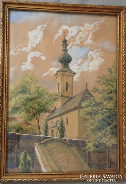 Watercolor with Székely mark - church