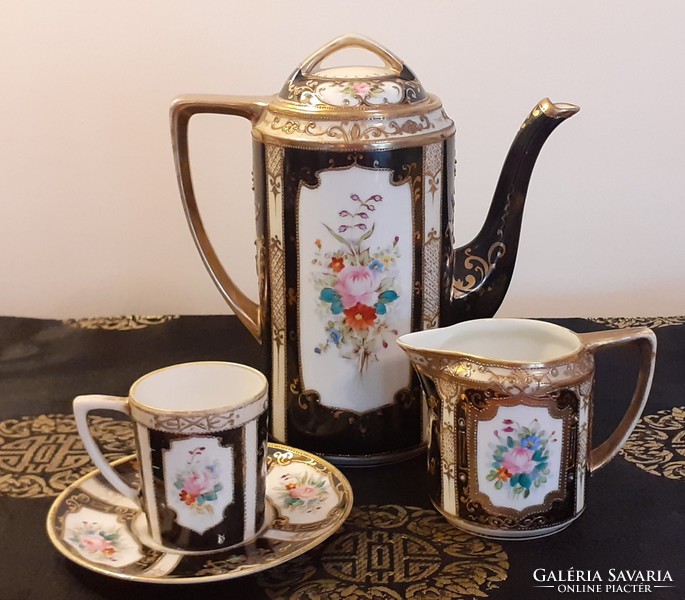 Old Japanese porcelain tea set Nippon black gilded pouring cup 3 pcs