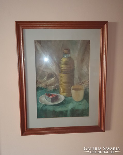 Jelzett Bartosi László, retró csendélet festmény, üvegezett keretben 44x59 cm
