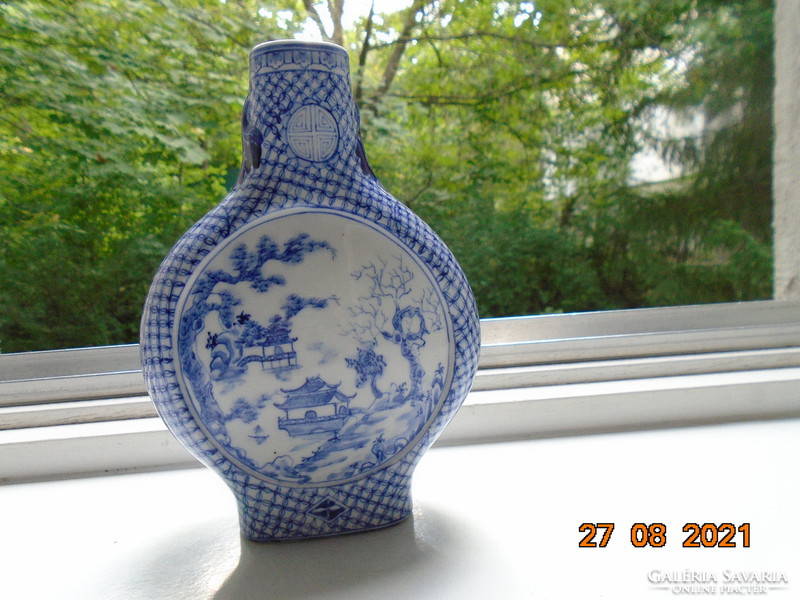 Kangxi blue and white vase hand painted with two different alpine landscapes, pagodas, sign of wealth