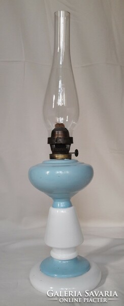 Antique old table kerosene lamp, white blown milk glass base, blue painting, wick, 19. Sz large size