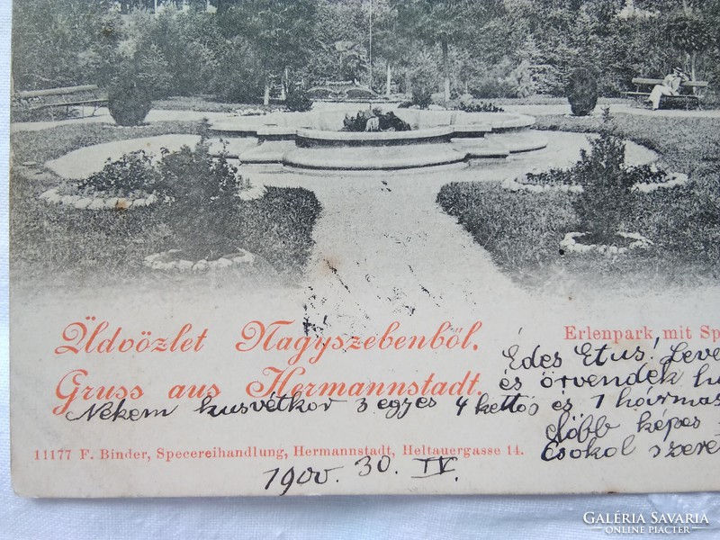 FOGLALT Antik szecessziós, hosszúcímzéses képeslap Nagyszeben park, 1900
