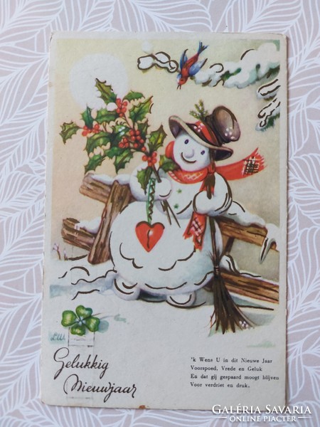 Old New Year's card postcard snowman little bird heart clover