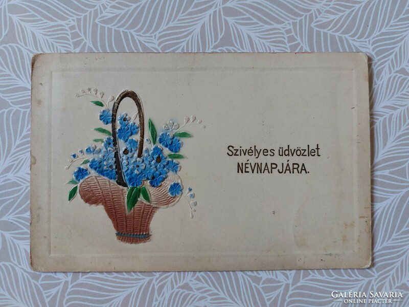 Old floral postcard 1912 embossed postcard in forget-me-not basket